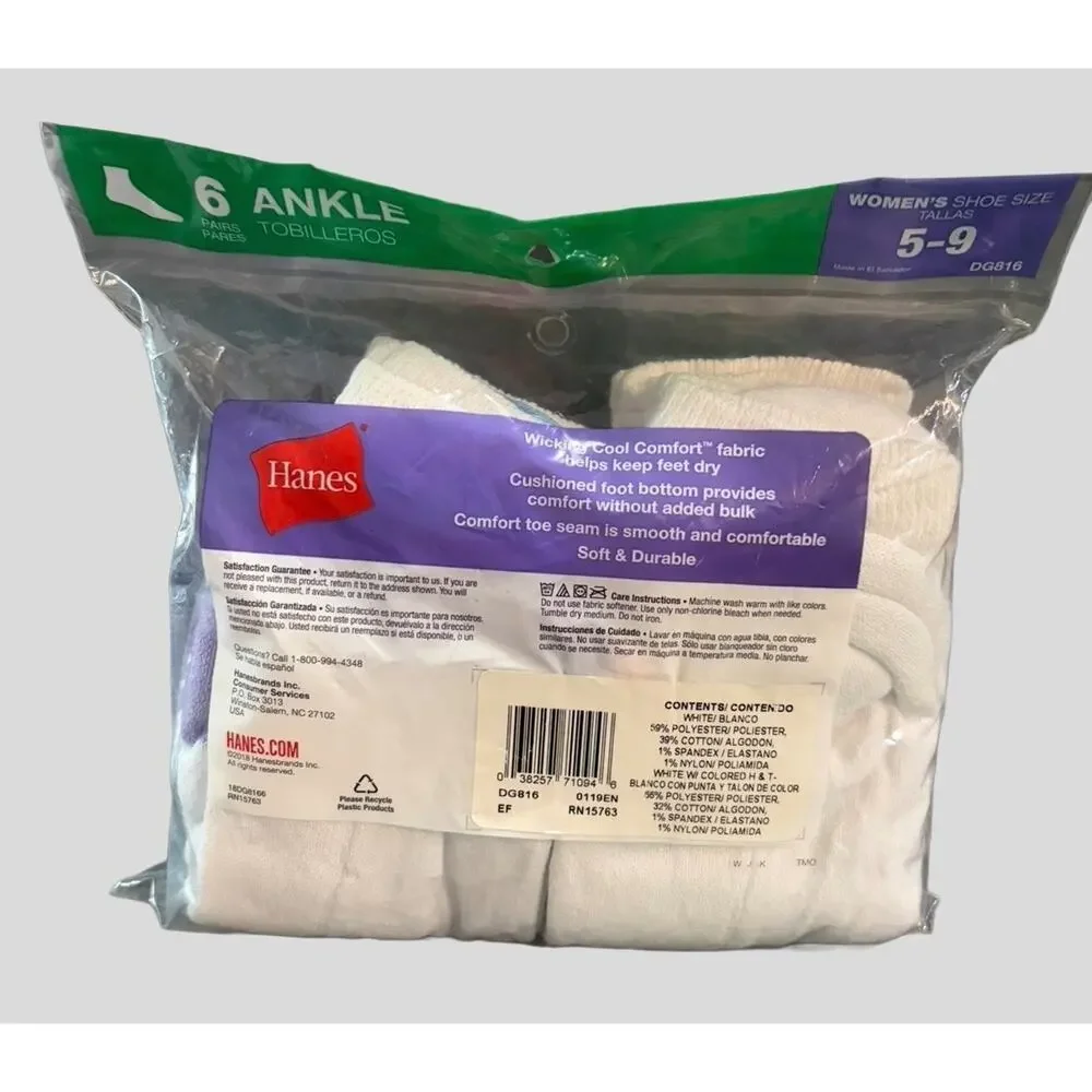 Hanes Womens Ankle Socks 6 Pair Size 5-9 White Cushioned Moisture Wicking NEW
